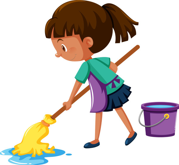 在白色背景上拖地板的女孩图片下载