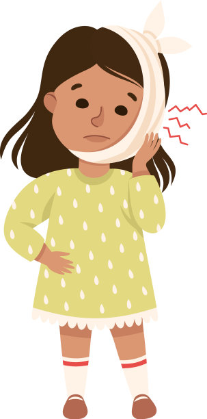 生病的小女孩用绷带包扎脸颊感觉图片下载