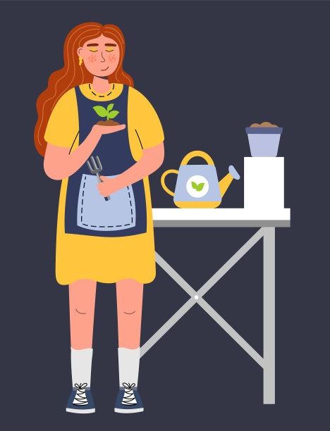 一位妇女站在桌子旁种幼苗图片下载