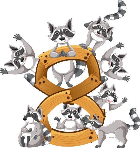 八只浣熊依附在数字8上图片下载