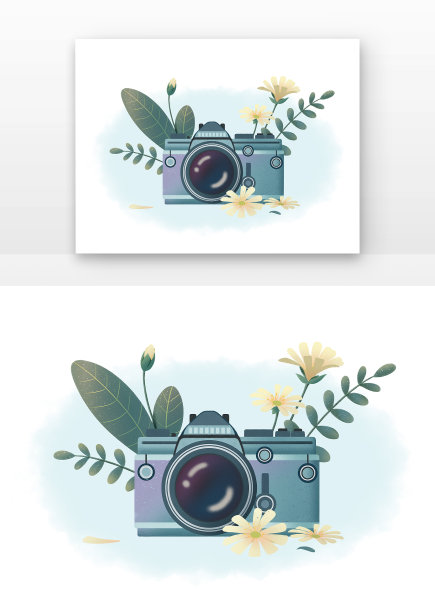 手绘卡通摄像机相片和花朵组合图片下载