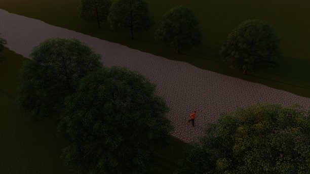 傍晚的公园里，一个人在树林中慢跑。三维渲染图片下载