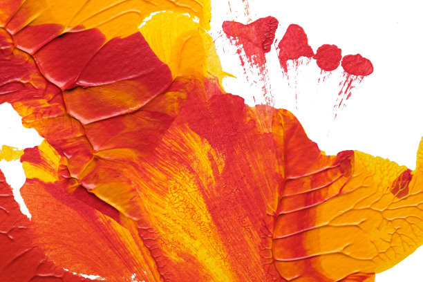 利用罗夏墨迹法在白纸底色上绘制红黄抽象丙烯画的色彩肌理图片下载