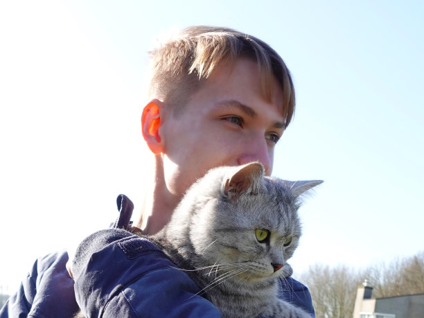 这个人带着一只灰色的猫。图片下载