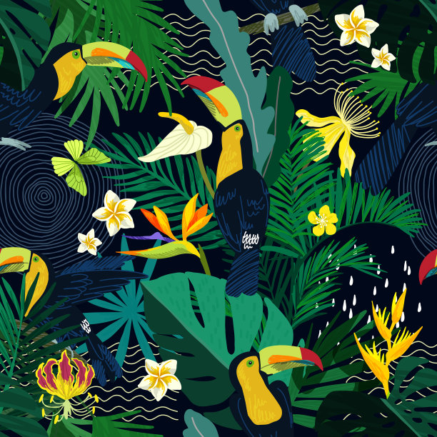 热带无缝图案手绘艺术图片下载