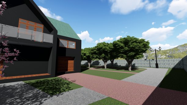 谷仓房子与篱笆花园夏天。3 d渲染(2)图片下载