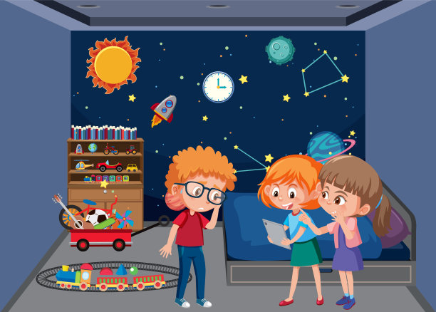 卧室在太空星系主题与孩子图片下载