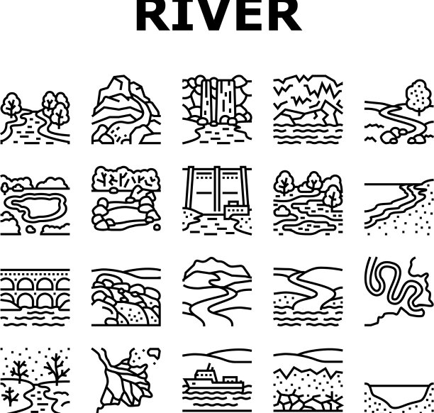 河流和湖泊自然景观图标集图片下载