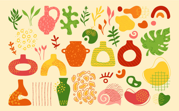 抽象造型陶罐物品设置手绘图片下载