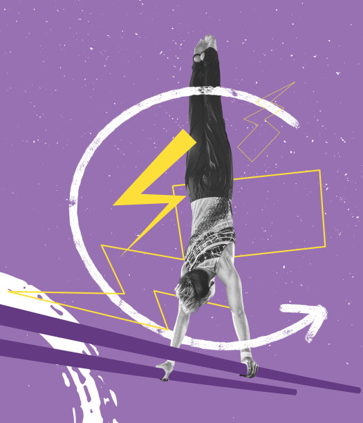 活泼灵活的小男孩，专业的体操艺术家在多彩的抽象背景上做练习。当代艺术拼贴图片下载