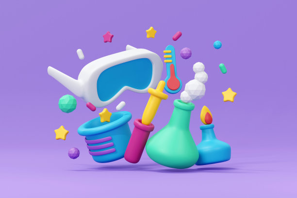 3D渲染一套科学实验室项目回到学校可爱的背景元素。3d渲染插图卡通风格。图片下载