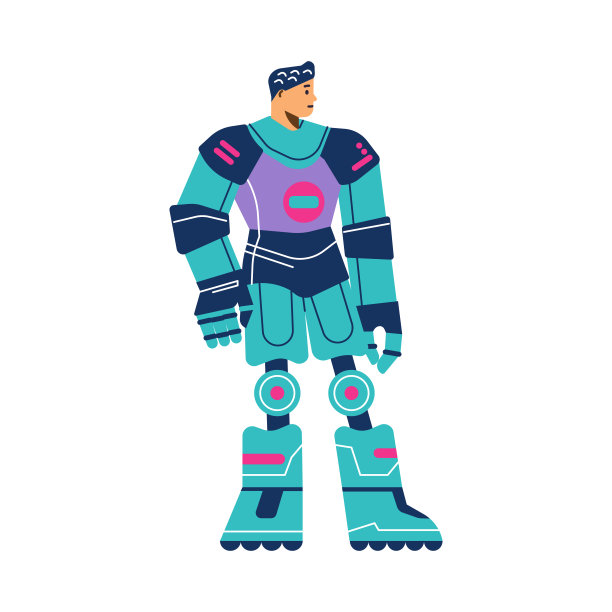 男性半机械人与人工机器人身体平面矢量插图孤立。图片下载