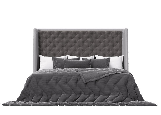 双人床孤立在白色背景。前视图。古典家具。灰色和白色床上用品。漂亮的床，豪华的风格。3 d渲染。图片下载