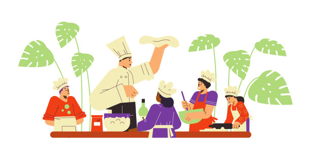 穿着服装的厨师手里拿着面团，教微笑的孩子们做饭图片下载