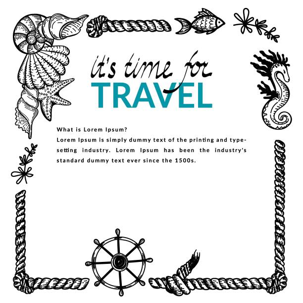 画框采用航海风格，手绘涂鸦元素采用素描风格。海洋生物。绳结。海洋,海洋。舵。模板的照片，社交媒体和海报。图片下载