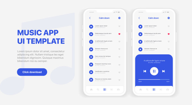 Web移动应用程序界面，用于音乐播放器应用程序，用于移动应用程序，商业，网站。声音应用UI UX GUI模板。响应网站线框图。网页设计UI工具包。音乐仪表板。图片下载