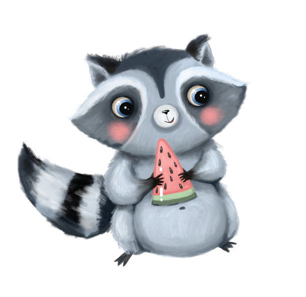 可爱的水彩手绘卡通插图的浣熊肖像与西瓜片浆果水果。微笑可爱的托儿所角色。图片下载