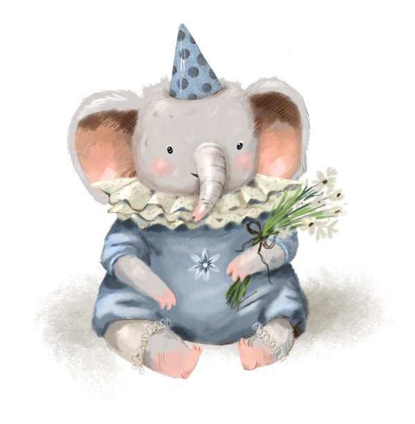 可爱可爱的手绘水彩灰色孩子气的大象穿着泰迪古董衣服图片下载