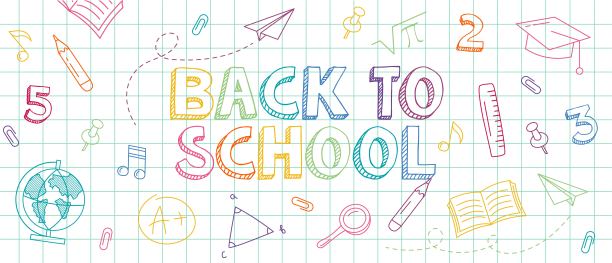 欢迎回到学校。用铅笔在笔记本上画着彩色涂鸦的学校横幅。图片下载