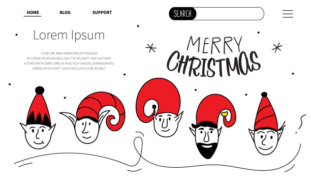 圣诞快乐网页登陆页与一套头像精灵和字母圣诞快乐。圣诞节黑色和红色矢量插图在涂鸦艺术风格。时髦的手绘图标。图片下载