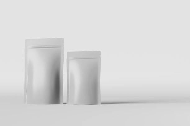 白色袋子模型品牌光背景3D渲染。商品包装设计空白咖啡豆doy包装图片下载