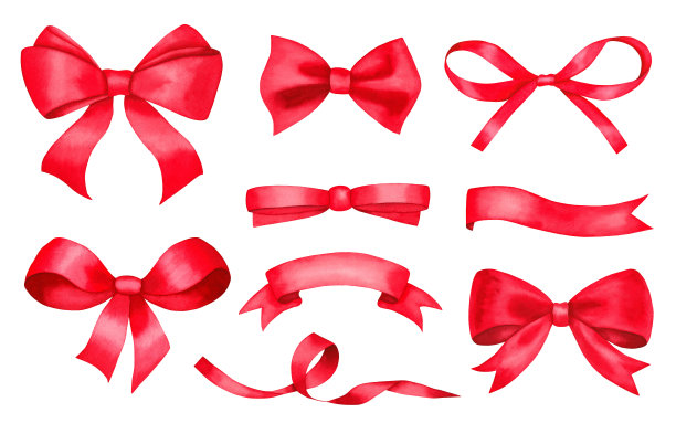 一套水彩红色蝴蝶结和丝带。手绘插图孤立在白色背景上。完美的圣诞邀请。图片下载