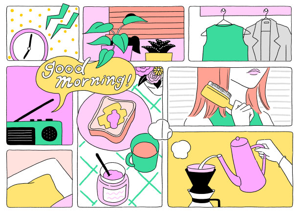 年轻女子也早上婷漫画风格矢量插图图片下载