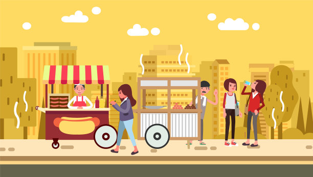 夏天走在街头小吃中心的女人图片下载