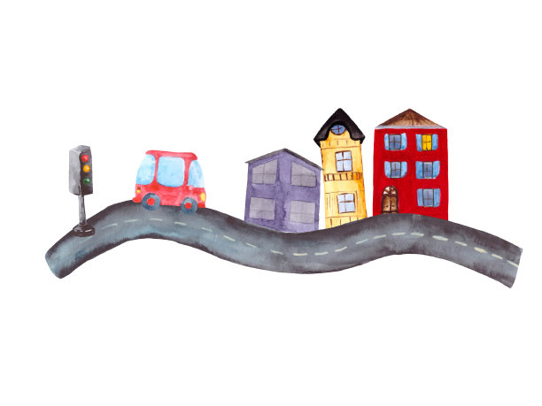 一条柏油路上有一辆红色的汽车，一个红绿灯和五颜六色的房子。以交通、城市及其基础设施为主题的白底装饰水彩画。图片下载