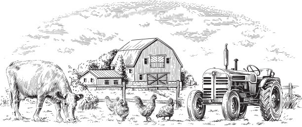 农家手绘素描版画图片下载