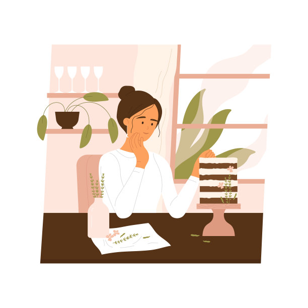 女人用鲜花装饰蛋糕。甜美，现代蛋糕美学。面包师制作有机甜点。自制的烹饪。矢量插图在卡通风格。孤立的白色背景。图片下载