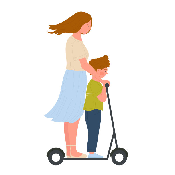 母亲和儿子在电动滑板车上图片下载