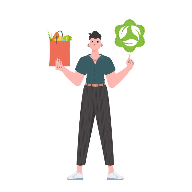 照片中的男子已经发育成熟，手里拿着健康食品的包装，并展示了一个图标。孤立在白色背景。平的时尚风格。向量。图片下载