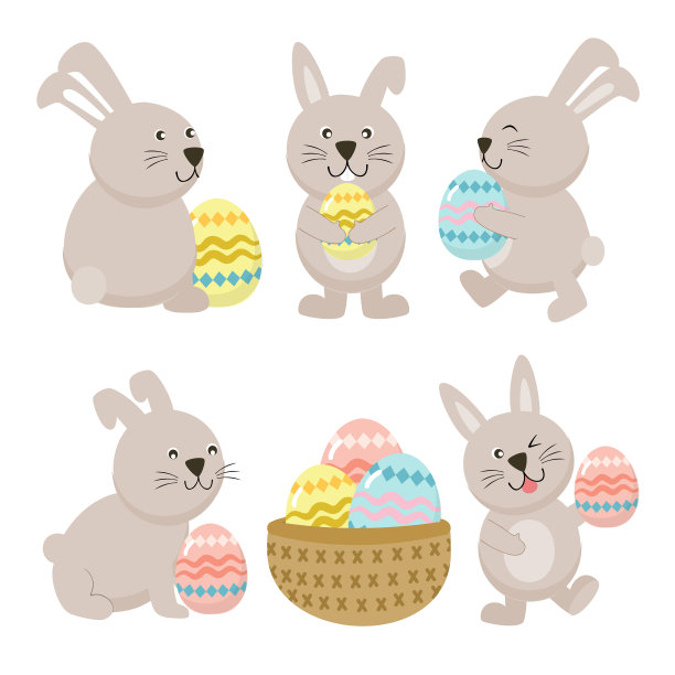 快乐的复活节祝福设计可爱的兔子和蛋图片下载