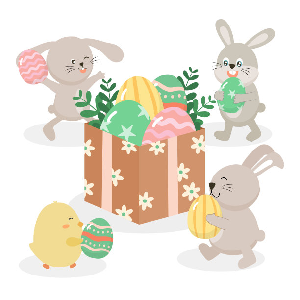 快乐的复活节祝福设计可爱的兔子和蛋图片下载