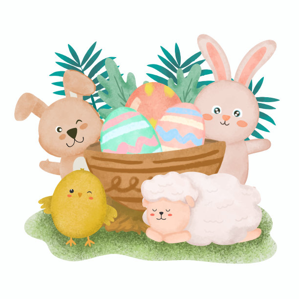 快乐的复活节祝福设计可爱的兔子和蛋图片下载