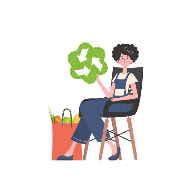 一个女孩坐在一袋健康食品旁边，重定向EKO图标。孤立在白色背景。趋势风格，矢量插图。图片下载