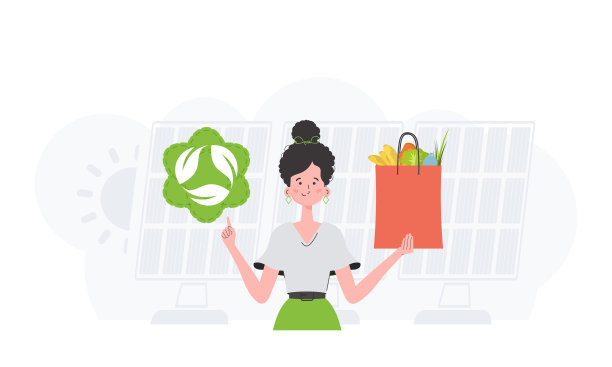 照片中的女子齐腰深，手里拿着一个EKO图标和一包适当的营养食品。生态理念，零浪费，健康饮食。平的时尚风格。向量。图片下载