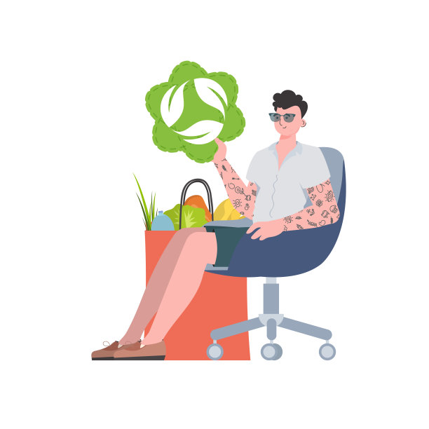 这家伙坐在一袋健康食品旁边，转发了EKO的图标。孤立。趋势向量插图。图片下载