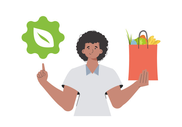 该男子被描绘成齐腰深，手里拿着健康食品的包装，并展示了一个图标。孤立在白色背景。趋势向量插图。图片下载