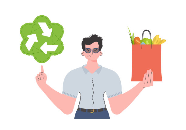 该男子被描绘成齐腰深，手里拿着健康食品的包装，并展示了一个图标。孤立。趋势向量插图。图片下载