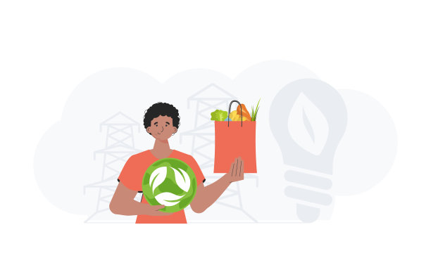 照片中，这个人齐腰深，手里拿着一个EKO图标和一袋适当的营养。健康食品、生态环保、循环利用、零浪费理念。趋势向量插图。图片下载