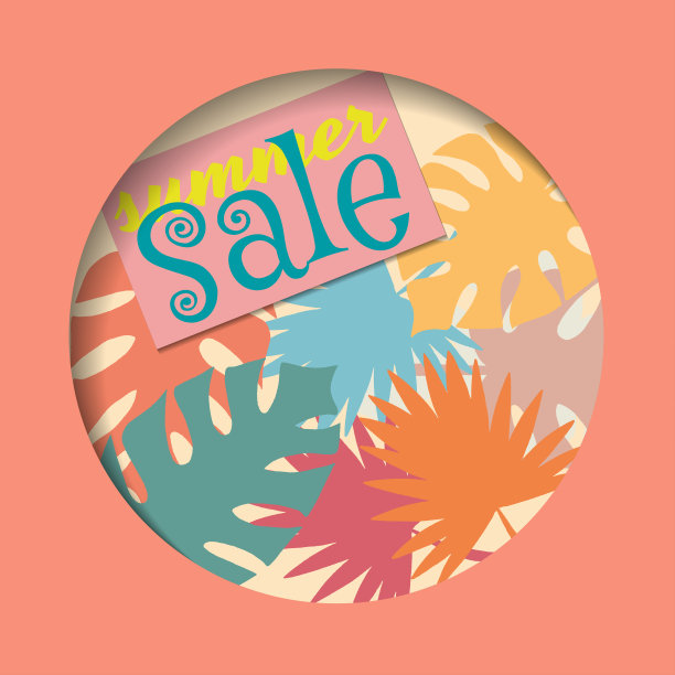 矢量插图明信片风格的剪报。夏季销售的字母和叶子印刷在一个剪纸圈图片下载