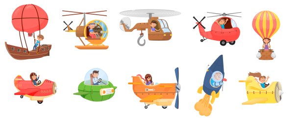 儿童乘坐航空运输。小飞行员在飞机和直升机，旅行的男孩和女孩。卡通太空人旅行，幼稚的冒险或玩体面的矢量集图片下载