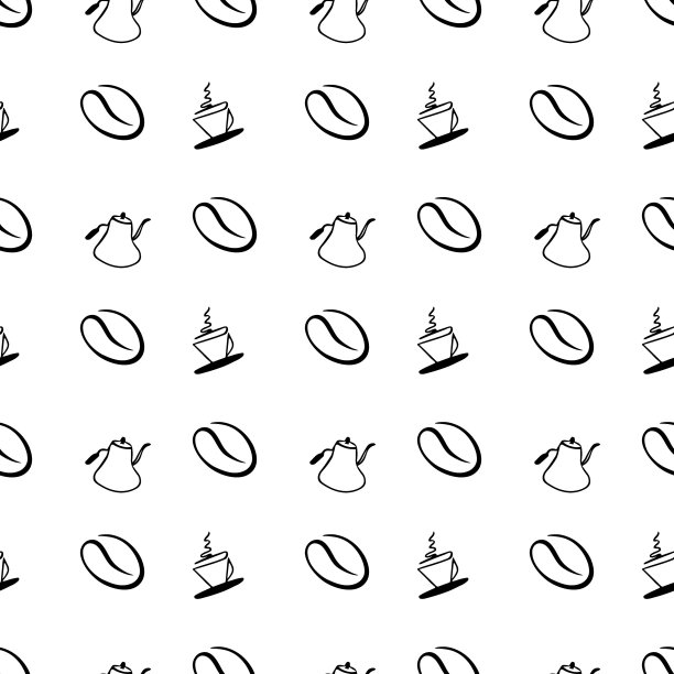线条艺术插图与大咖啡豆。矢量无缝模式与黑色茶壶和杯子在白色背景。图片下载