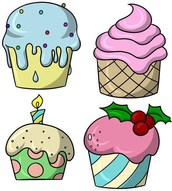 各种不同馅料和彩色奶油的纸杯蛋糕，一种美味的卡通风格小吃图片下载