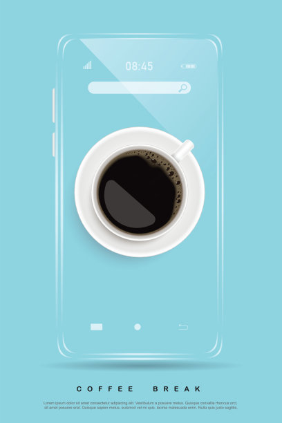 黑咖啡在白色的杯子和移动的蓝色背景。设计海报广告传单矢量插图图片下载