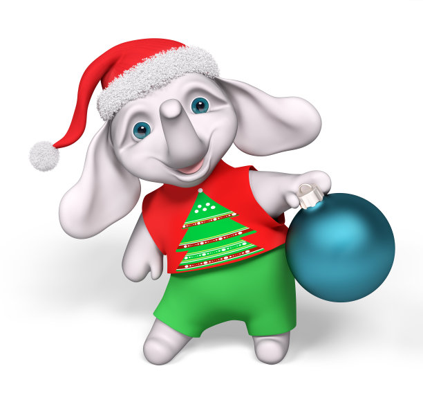 滑稽的小象人物手持圣诞小装饰3d渲染图片下载