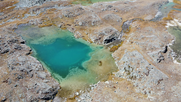 高山冰川湖。风景如画，隐藏在群山之中。户外风格度假。冒险旅行在野生动物，没有人。山谷景观鸟瞰图库存照片图片下载