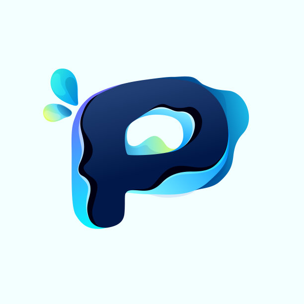 P字母生态标志与蓝色露珠全息图图片下载